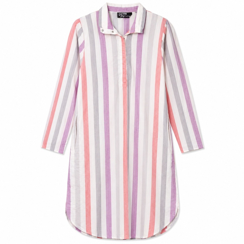 Dawn Joy Fashions Shirt Dress Womens L Multi Stripe Long Sleeve Pockets Vtg